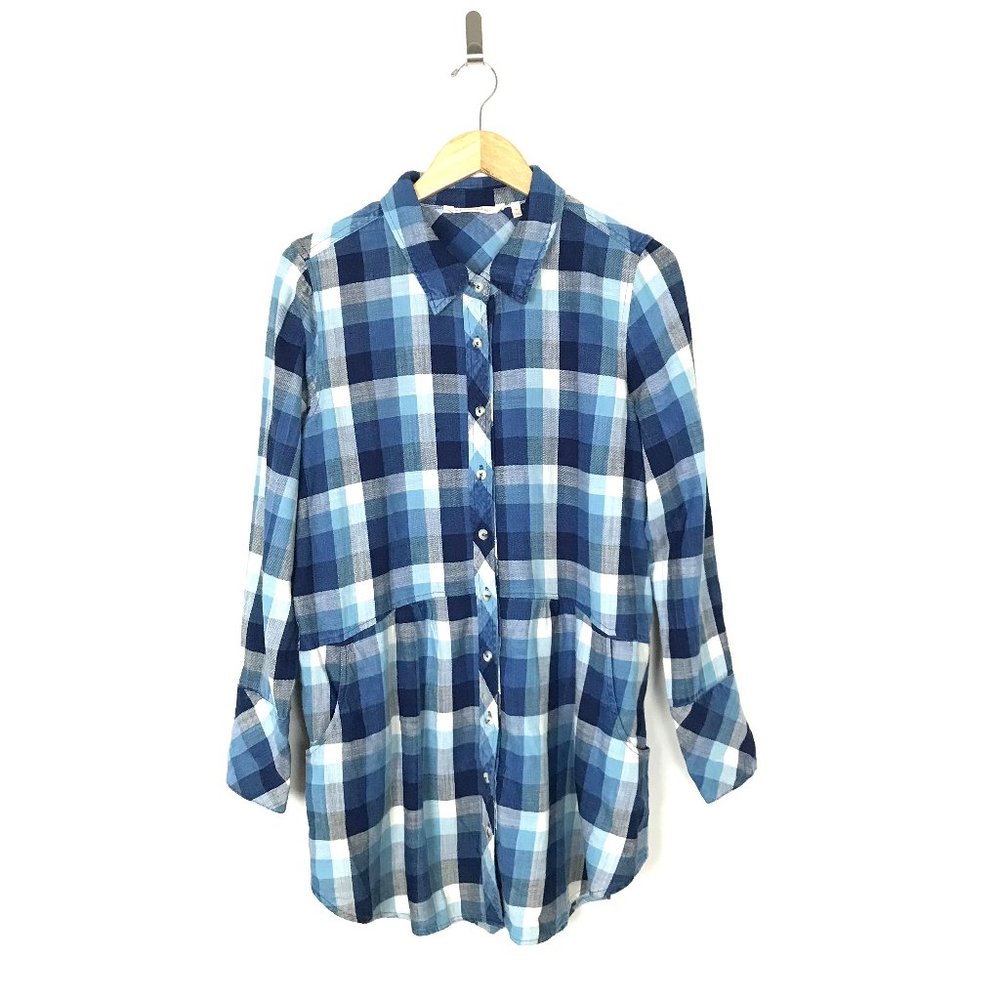 Soft surroundings women’s blue plaid tunic top short button down flannel medium